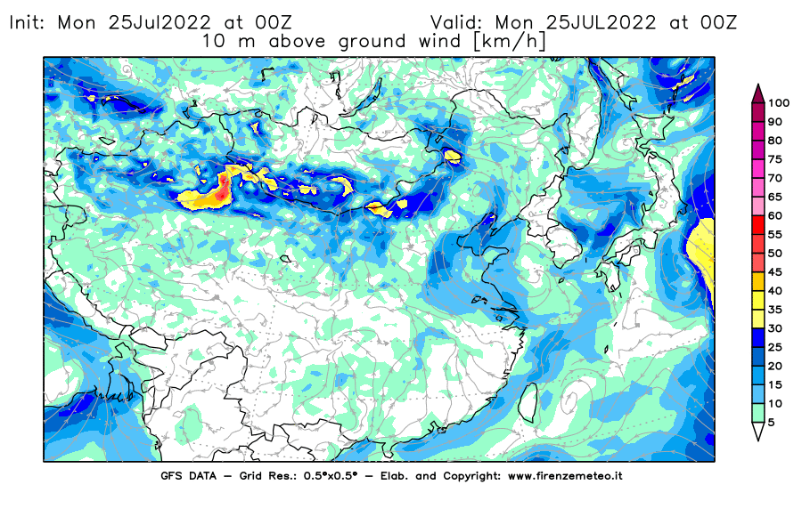Mappa di analisi GFS - Velocità del vento a 10 metri dal suolo [km/h] in Asia Orientale
							del 25/07/2022 00 <!--googleoff: index-->UTC<!--googleon: index-->