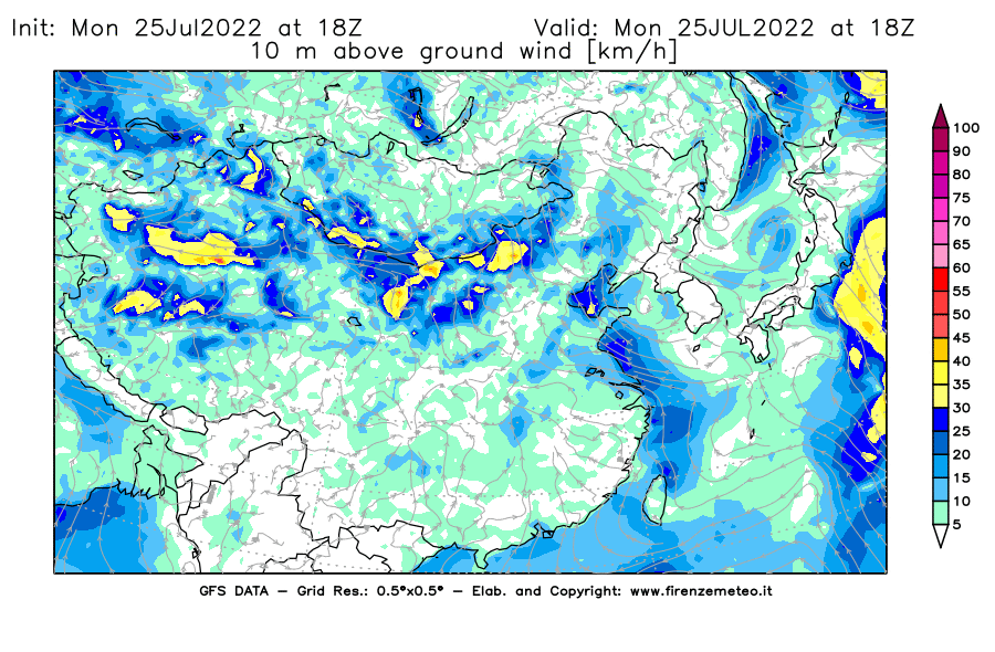 Mappa di analisi GFS - Velocità del vento a 10 metri dal suolo [km/h] in Asia Orientale
							del 25/07/2022 18 <!--googleoff: index-->UTC<!--googleon: index-->