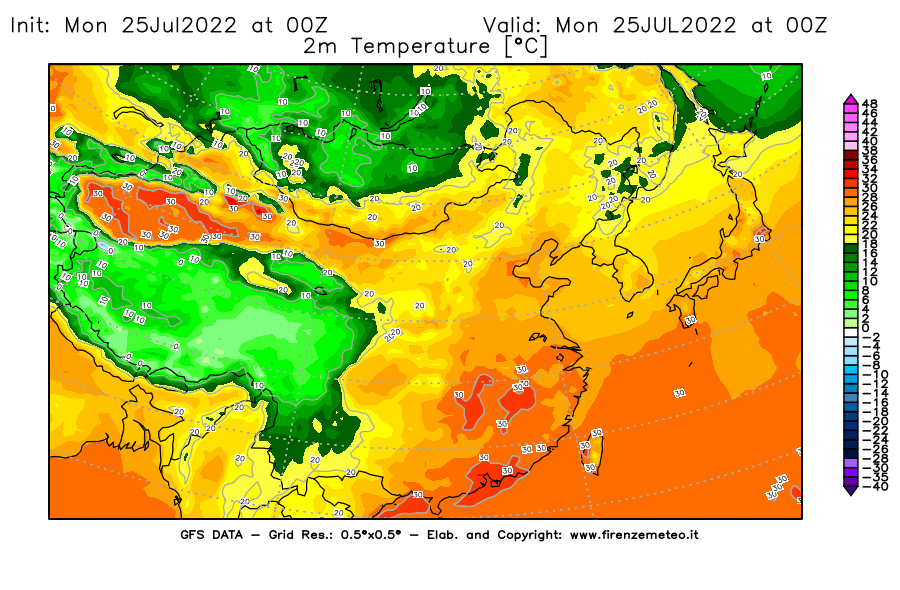 Mappa di analisi GFS - Temperatura a 2 metri dal suolo [°C] in Asia Orientale
							del 25/07/2022 00 <!--googleoff: index-->UTC<!--googleon: index-->