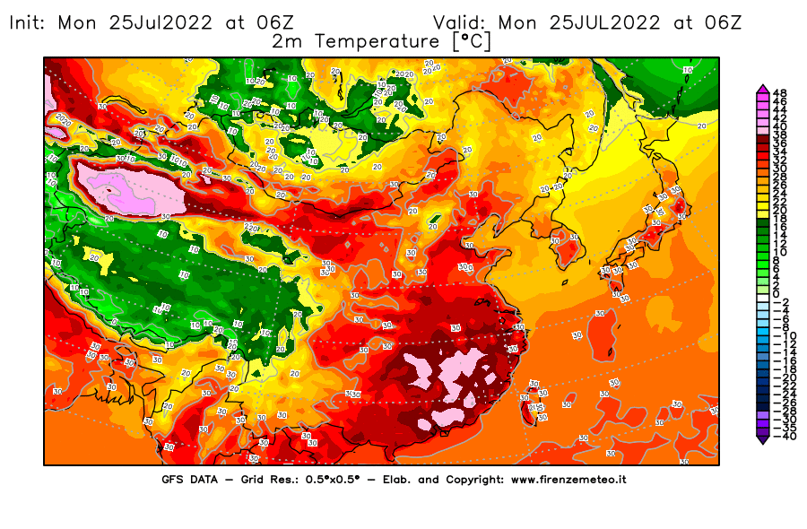 Mappa di analisi GFS - Temperatura a 2 metri dal suolo [°C] in Asia Orientale
							del 25/07/2022 06 <!--googleoff: index-->UTC<!--googleon: index-->