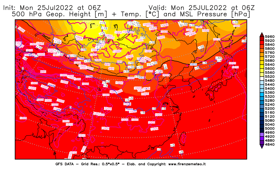 Mappa di analisi GFS - Geopotenziale [m] + Temp. [°C] a 500 hPa + Press. a livello del mare [hPa] in Asia Orientale
							del 25/07/2022 06 <!--googleoff: index-->UTC<!--googleon: index-->