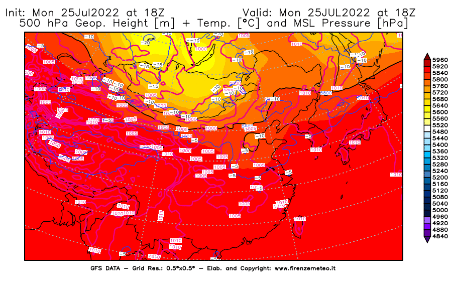 Mappa di analisi GFS - Geopotenziale [m] + Temp. [°C] a 500 hPa + Press. a livello del mare [hPa] in Asia Orientale
							del 25/07/2022 18 <!--googleoff: index-->UTC<!--googleon: index-->