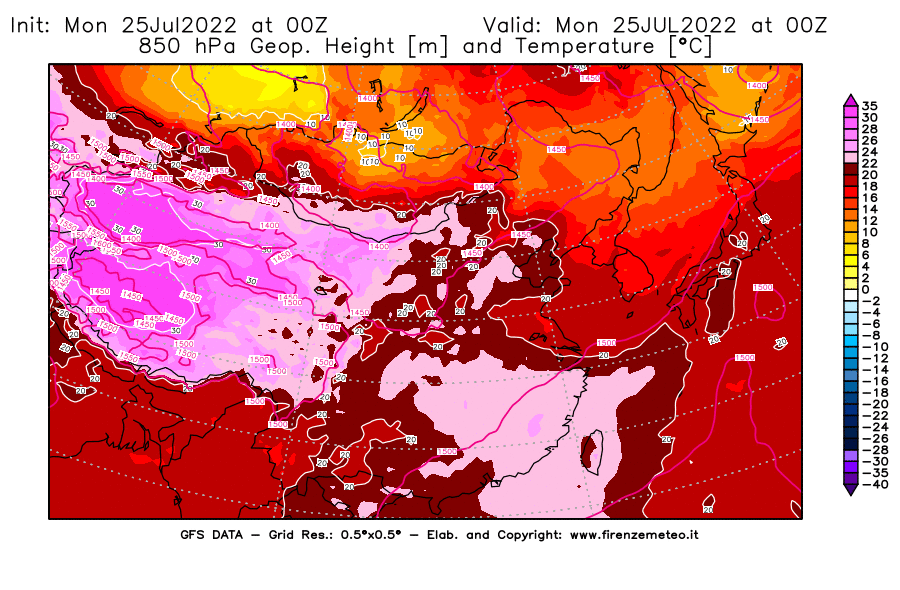 Mappa di analisi GFS - Geopotenziale [m] e Temperatura [°C] a 850 hPa in Asia Orientale
							del 25/07/2022 00 <!--googleoff: index-->UTC<!--googleon: index-->