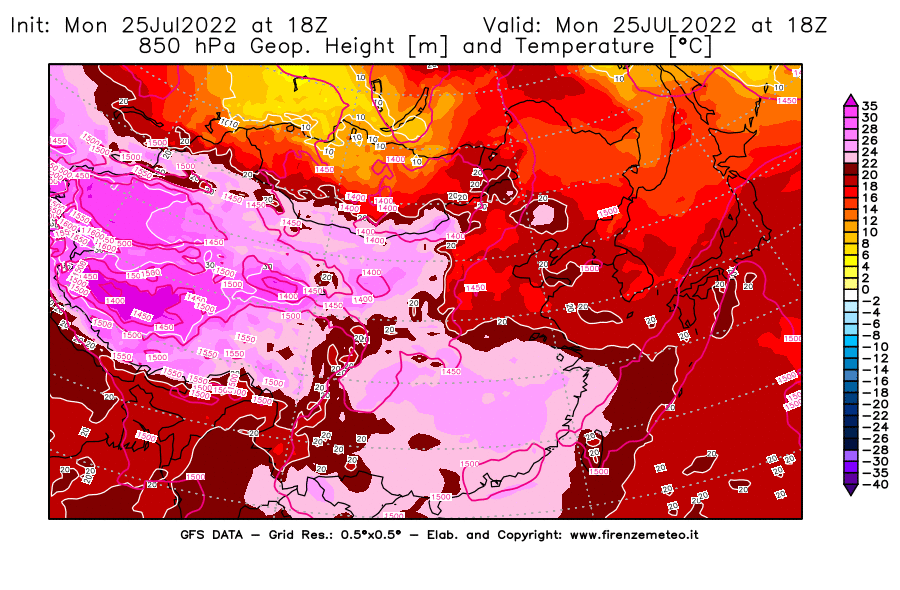 Mappa di analisi GFS - Geopotenziale [m] e Temperatura [°C] a 850 hPa in Asia Orientale
							del 25/07/2022 18 <!--googleoff: index-->UTC<!--googleon: index-->