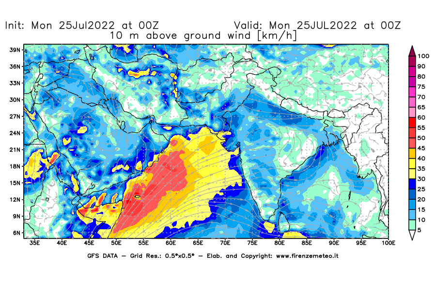 Mappa di analisi GFS - Velocità del vento a 10 metri dal suolo [km/h] in Asia Sud-Occidentale
							del 25/07/2022 00 <!--googleoff: index-->UTC<!--googleon: index-->