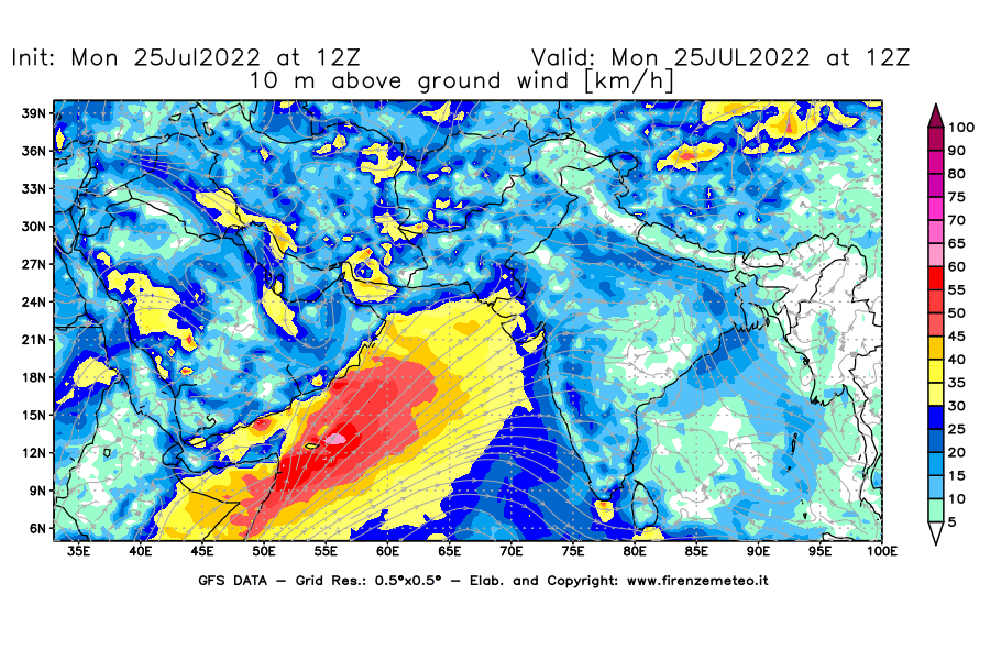 Mappa di analisi GFS - Velocità del vento a 10 metri dal suolo [km/h] in Asia Sud-Occidentale
							del 25/07/2022 12 <!--googleoff: index-->UTC<!--googleon: index-->