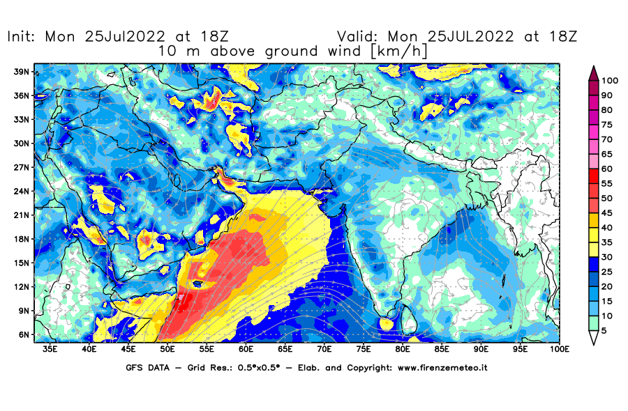 Mappa di analisi GFS - Velocità del vento a 10 metri dal suolo [km/h] in Asia Sud-Occidentale
							del 25/07/2022 18 <!--googleoff: index-->UTC<!--googleon: index-->