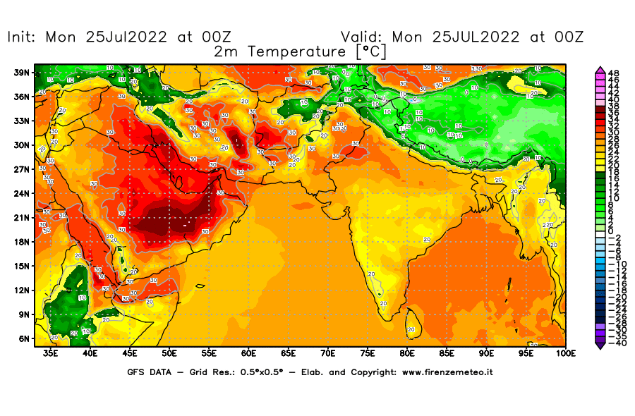 Mappa di analisi GFS - Temperatura a 2 metri dal suolo [°C] in Asia Sud-Occidentale
							del 25/07/2022 00 <!--googleoff: index-->UTC<!--googleon: index-->