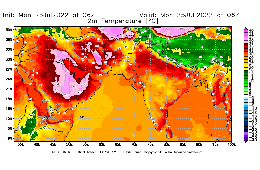 Mappa di analisi GFS - Temperatura a 2 metri dal suolo [°C] in Asia Sud-Occidentale
							del 25/07/2022 06 <!--googleoff: index-->UTC<!--googleon: index-->