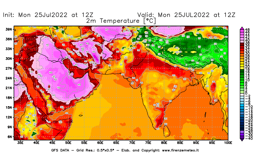 Mappa di analisi GFS - Temperatura a 2 metri dal suolo [°C] in Asia Sud-Occidentale
							del 25/07/2022 12 <!--googleoff: index-->UTC<!--googleon: index-->