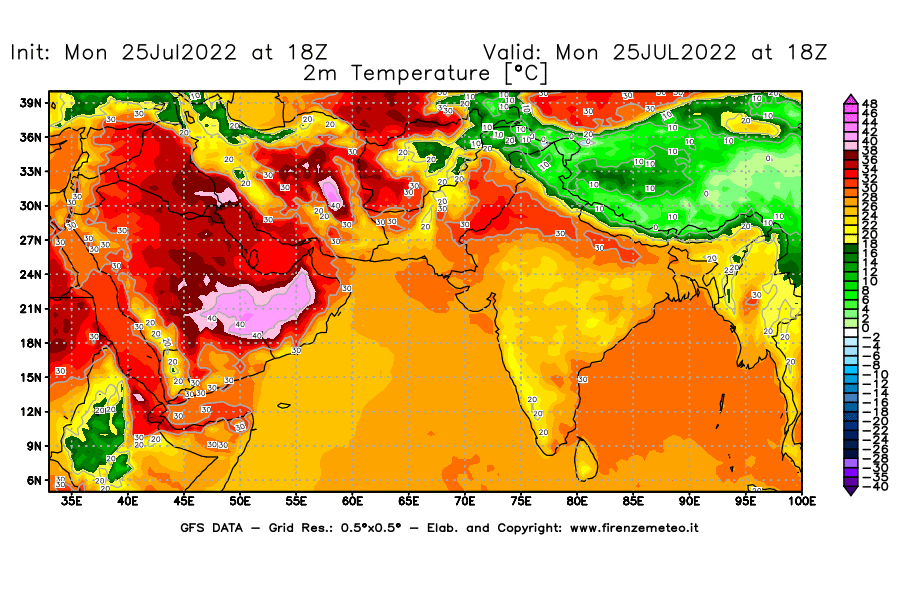 Mappa di analisi GFS - Temperatura a 2 metri dal suolo [°C] in Asia Sud-Occidentale
							del 25/07/2022 18 <!--googleoff: index-->UTC<!--googleon: index-->