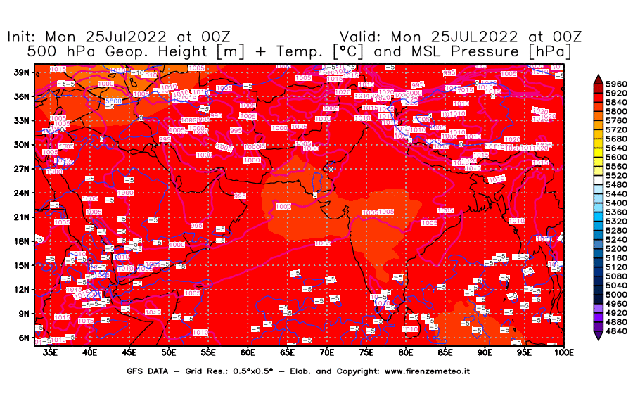 Mappa di analisi GFS - Geopotenziale [m] + Temp. [°C] a 500 hPa + Press. a livello del mare [hPa] in Asia Sud-Occidentale
							del 25/07/2022 00 <!--googleoff: index-->UTC<!--googleon: index-->