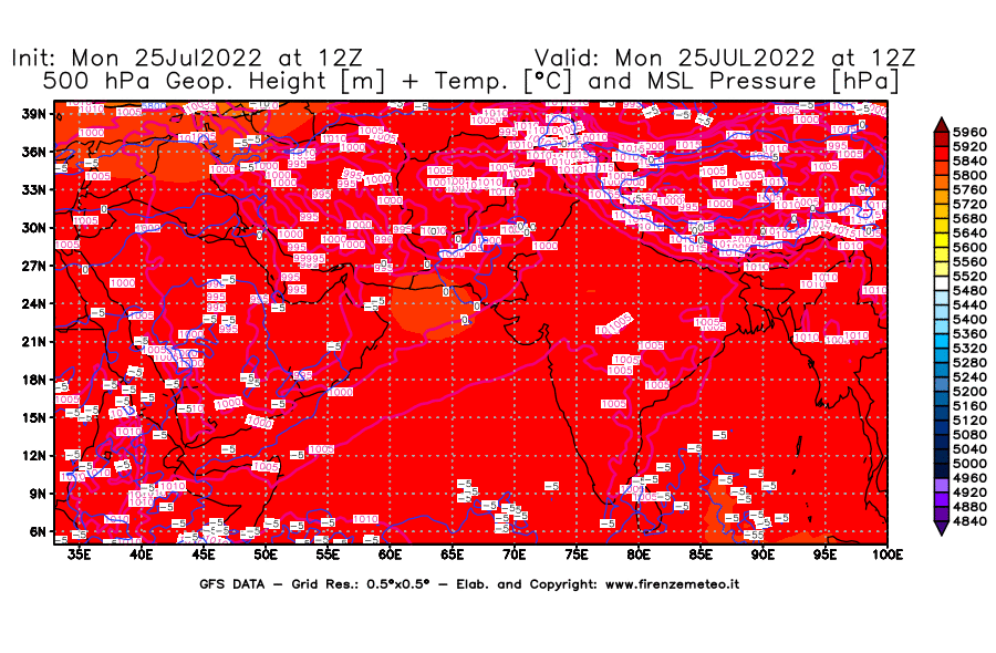 Mappa di analisi GFS - Geopotenziale [m] + Temp. [°C] a 500 hPa + Press. a livello del mare [hPa] in Asia Sud-Occidentale
							del 25/07/2022 12 <!--googleoff: index-->UTC<!--googleon: index-->