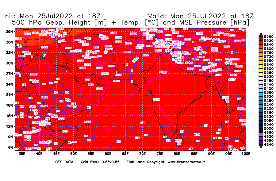 Mappa di analisi GFS - Geopotenziale [m] + Temp. [°C] a 500 hPa + Press. a livello del mare [hPa] in Asia Sud-Occidentale
							del 25/07/2022 18 <!--googleoff: index-->UTC<!--googleon: index-->