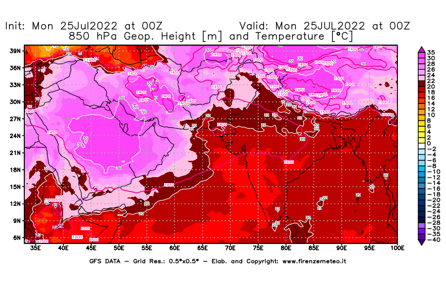 Mappa di analisi GFS - Geopotenziale [m] e Temperatura [°C] a 850 hPa in Asia Sud-Occidentale
							del 25/07/2022 00 <!--googleoff: index-->UTC<!--googleon: index-->