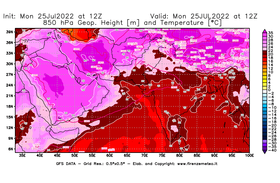 Mappa di analisi GFS - Geopotenziale [m] e Temperatura [°C] a 850 hPa in Asia Sud-Occidentale
							del 25/07/2022 12 <!--googleoff: index-->UTC<!--googleon: index-->