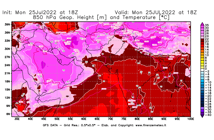 Mappa di analisi GFS - Geopotenziale [m] e Temperatura [°C] a 850 hPa in Asia Sud-Occidentale
							del 25/07/2022 18 <!--googleoff: index-->UTC<!--googleon: index-->