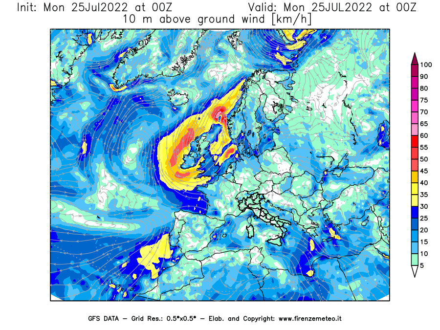 Mappa di analisi GFS - Velocità del vento a 10 metri dal suolo [km/h] in Europa
							del 25/07/2022 00 <!--googleoff: index-->UTC<!--googleon: index-->