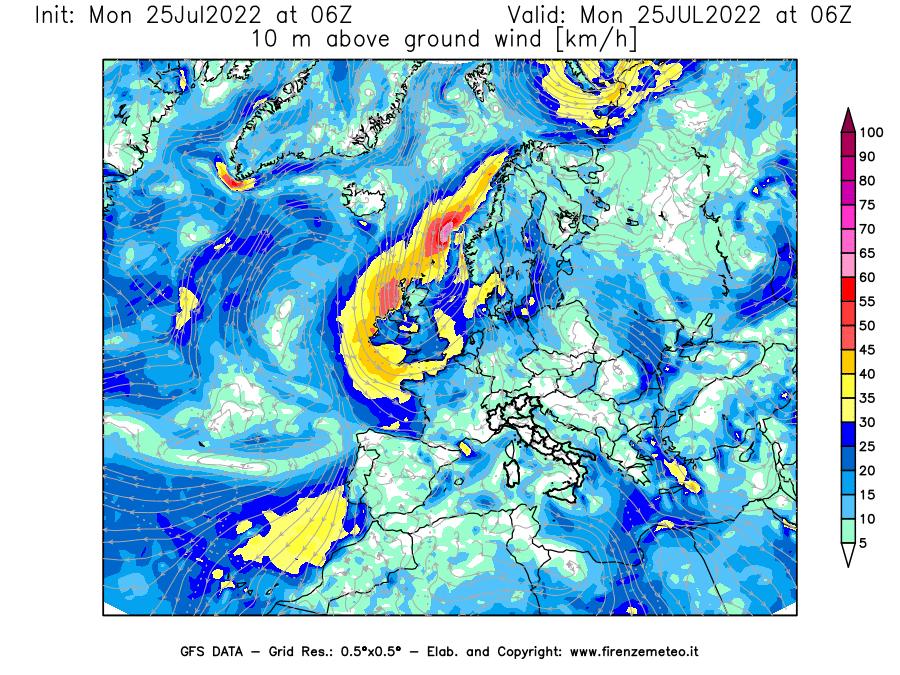 Mappa di analisi GFS - Velocità del vento a 10 metri dal suolo [km/h] in Europa
							del 25/07/2022 06 <!--googleoff: index-->UTC<!--googleon: index-->