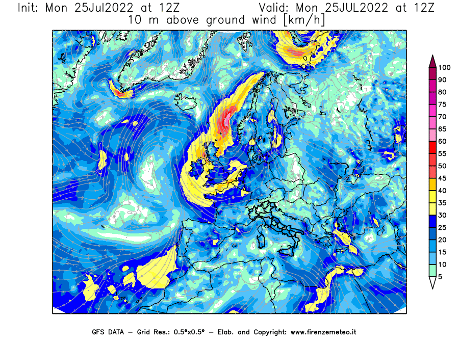 Mappa di analisi GFS - Velocità del vento a 10 metri dal suolo [km/h] in Europa
							del 25/07/2022 12 <!--googleoff: index-->UTC<!--googleon: index-->