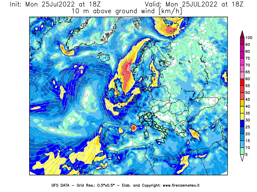 Mappa di analisi GFS - Velocità del vento a 10 metri dal suolo [km/h] in Europa
							del 25/07/2022 18 <!--googleoff: index-->UTC<!--googleon: index-->