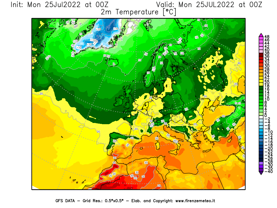 Mappa di analisi GFS - Temperatura a 2 metri dal suolo [°C] in Europa
							del 25/07/2022 00 <!--googleoff: index-->UTC<!--googleon: index-->