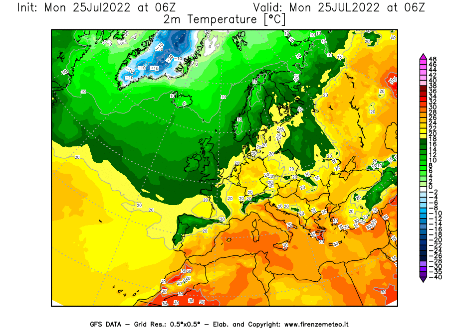 Mappa di analisi GFS - Temperatura a 2 metri dal suolo [°C] in Europa
							del 25/07/2022 06 <!--googleoff: index-->UTC<!--googleon: index-->