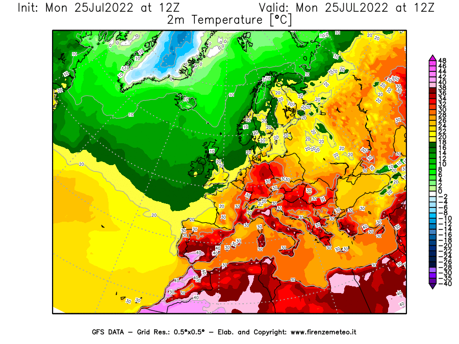 Mappa di analisi GFS - Temperatura a 2 metri dal suolo [°C] in Europa
							del 25/07/2022 12 <!--googleoff: index-->UTC<!--googleon: index-->