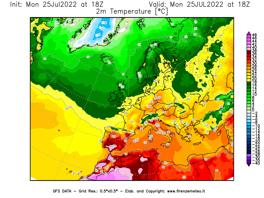 Mappa di analisi GFS - Temperatura a 2 metri dal suolo [°C] in Europa
							del 25/07/2022 18 <!--googleoff: index-->UTC<!--googleon: index-->