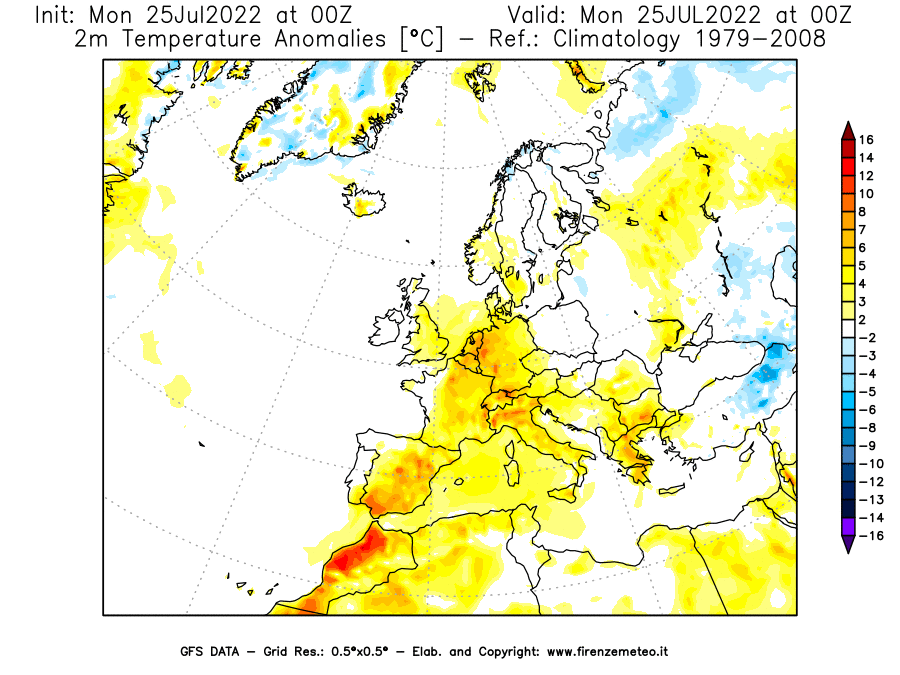 Mappa di analisi GFS - Anomalia Temperatura [°C] a 2 m in Europa
							del 25/07/2022 00 <!--googleoff: index-->UTC<!--googleon: index-->