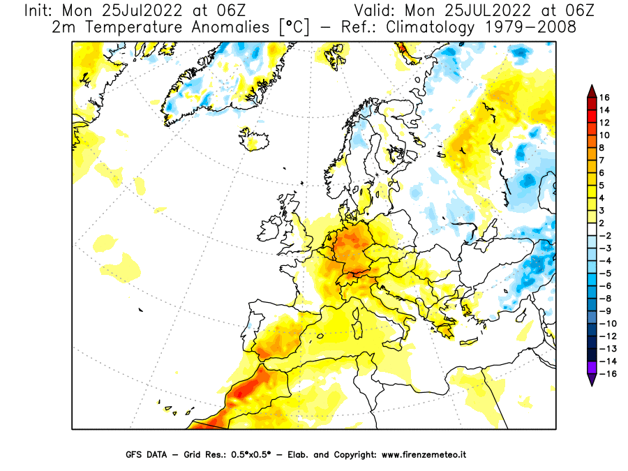 Mappa di analisi GFS - Anomalia Temperatura [°C] a 2 m in Europa
							del 25/07/2022 06 <!--googleoff: index-->UTC<!--googleon: index-->