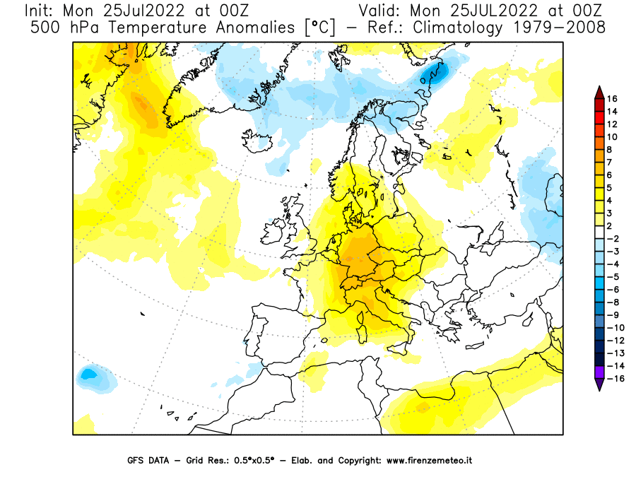 Mappa di analisi GFS - Anomalia Temperatura [°C] a 500 hPa in Europa
							del 25/07/2022 00 <!--googleoff: index-->UTC<!--googleon: index-->