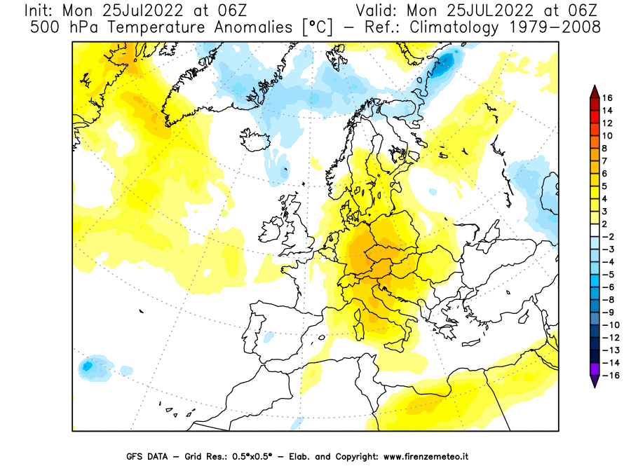 Mappa di analisi GFS - Anomalia Temperatura [°C] a 500 hPa in Europa
							del 25/07/2022 06 <!--googleoff: index-->UTC<!--googleon: index-->