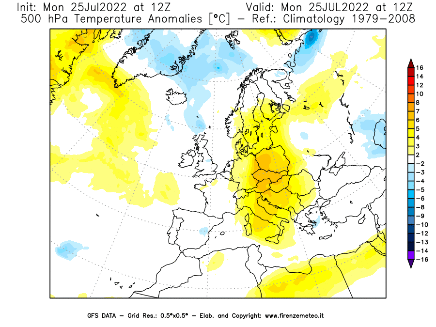 Mappa di analisi GFS - Anomalia Temperatura [°C] a 500 hPa in Europa
							del 25/07/2022 12 <!--googleoff: index-->UTC<!--googleon: index-->