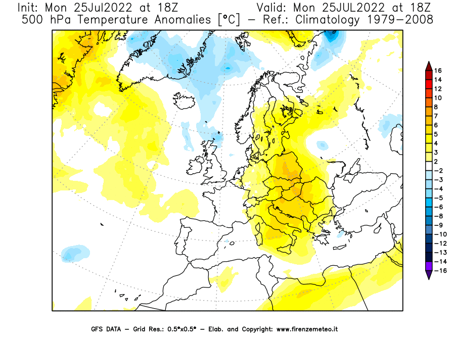 Mappa di analisi GFS - Anomalia Temperatura [°C] a 500 hPa in Europa
							del 25/07/2022 18 <!--googleoff: index-->UTC<!--googleon: index-->