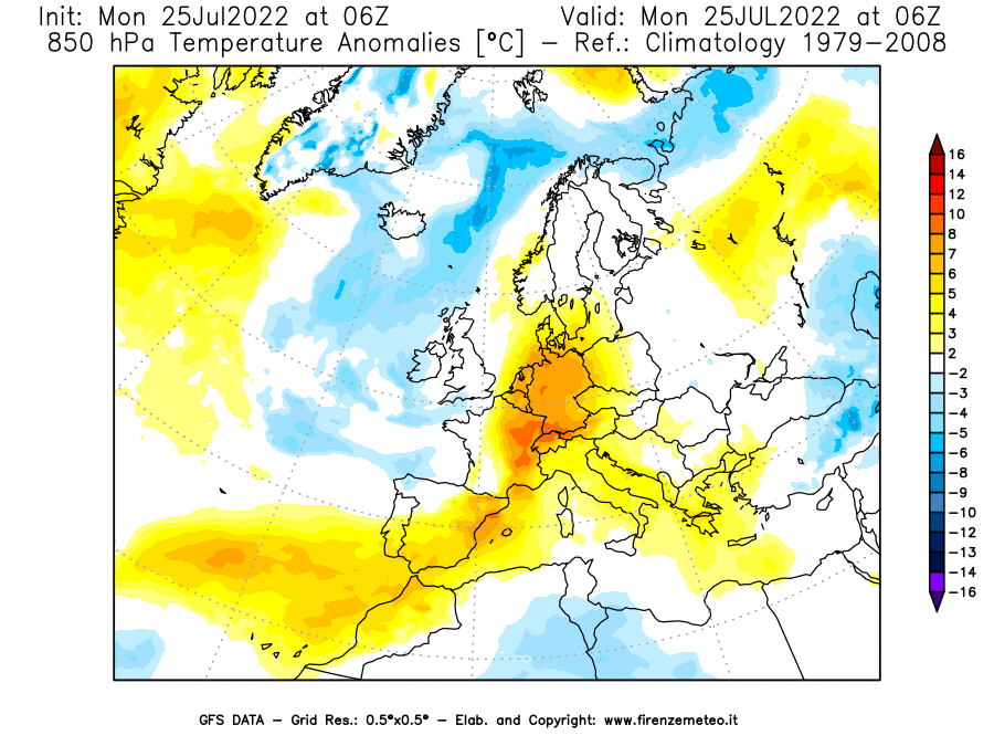 Mappa di analisi GFS - Anomalia Temperatura [°C] a 850 hPa in Europa
							del 25/07/2022 06 <!--googleoff: index-->UTC<!--googleon: index-->