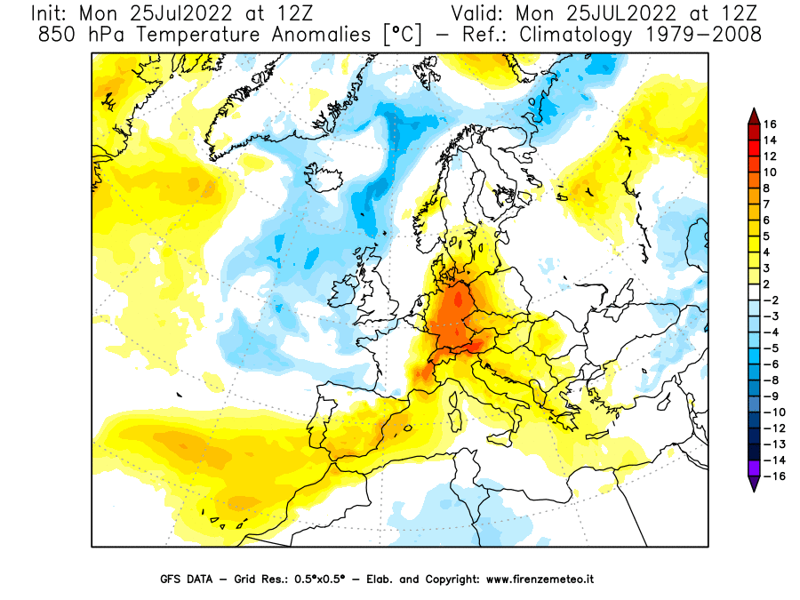 Mappa di analisi GFS - Anomalia Temperatura [°C] a 850 hPa in Europa
							del 25/07/2022 12 <!--googleoff: index-->UTC<!--googleon: index-->