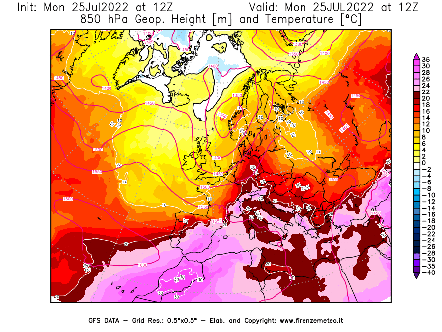 Mappa di analisi GFS - Geopotenziale [m] e Temperatura [°C] a 850 hPa in Europa
							del 25/07/2022 12 <!--googleoff: index-->UTC<!--googleon: index-->