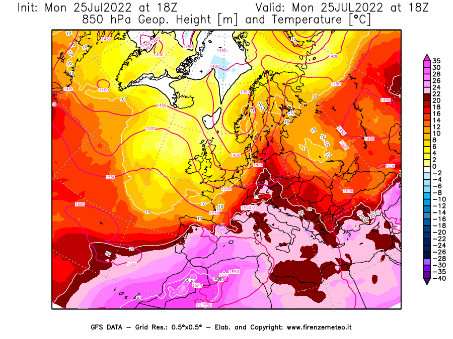 Mappa di analisi GFS - Geopotenziale [m] e Temperatura [°C] a 850 hPa in Europa
							del 25/07/2022 18 <!--googleoff: index-->UTC<!--googleon: index-->