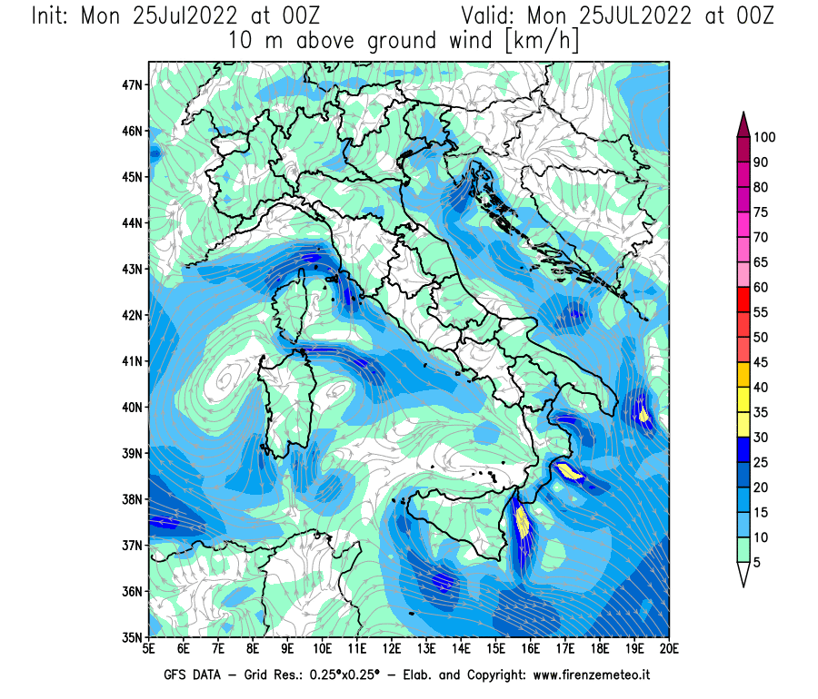 Mappa di analisi GFS - Velocità del vento a 10 metri dal suolo [km/h] in Italia
							del 25/07/2022 00 <!--googleoff: index-->UTC<!--googleon: index-->