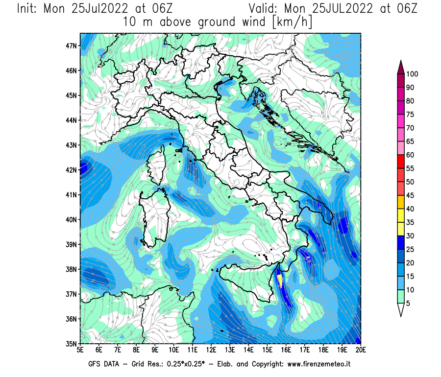 Mappa di analisi GFS - Velocità del vento a 10 metri dal suolo [km/h] in Italia
							del 25/07/2022 06 <!--googleoff: index-->UTC<!--googleon: index-->