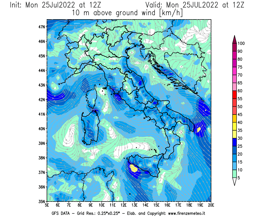Mappa di analisi GFS - Velocità del vento a 10 metri dal suolo [km/h] in Italia
							del 25/07/2022 12 <!--googleoff: index-->UTC<!--googleon: index-->