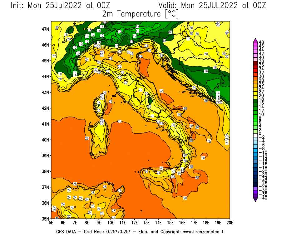 Mappa di analisi GFS - Temperatura a 2 metri dal suolo [°C] in Italia
							del 25/07/2022 00 <!--googleoff: index-->UTC<!--googleon: index-->