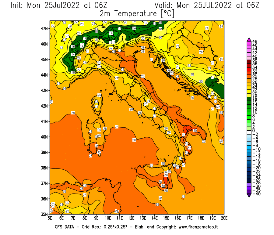 Mappa di analisi GFS - Temperatura a 2 metri dal suolo [°C] in Italia
							del 25/07/2022 06 <!--googleoff: index-->UTC<!--googleon: index-->