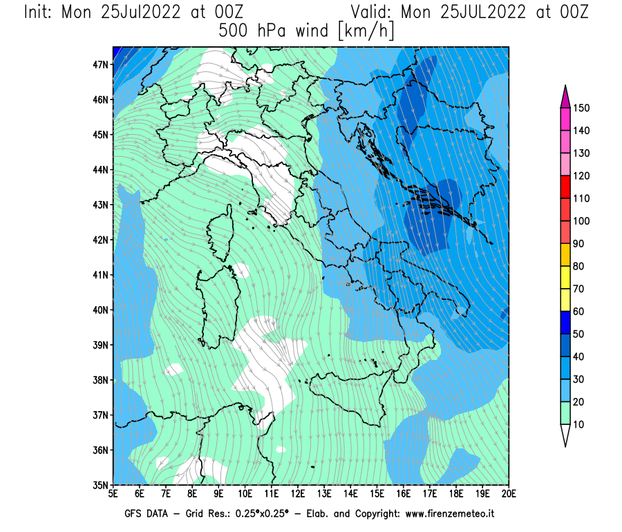Mappa di analisi GFS - Velocità del vento a 500 hPa [km/h] in Italia
							del 25/07/2022 00 <!--googleoff: index-->UTC<!--googleon: index-->