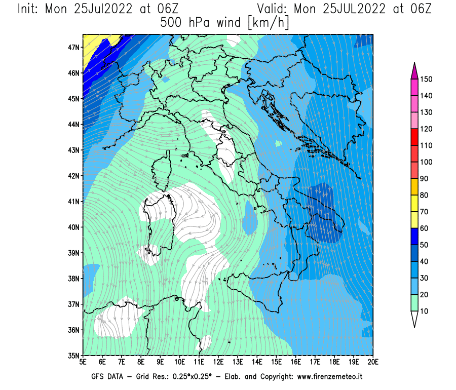 Mappa di analisi GFS - Velocità del vento a 500 hPa [km/h] in Italia
							del 25/07/2022 06 <!--googleoff: index-->UTC<!--googleon: index-->