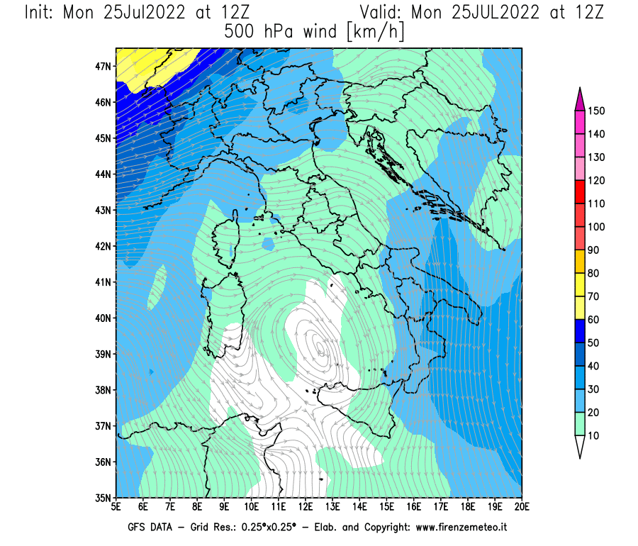 Mappa di analisi GFS - Velocità del vento a 500 hPa [km/h] in Italia
							del 25/07/2022 12 <!--googleoff: index-->UTC<!--googleon: index-->