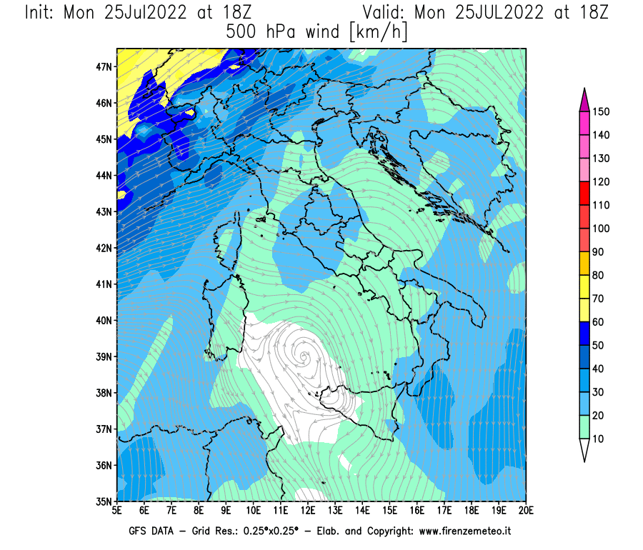 Mappa di analisi GFS - Velocità del vento a 500 hPa [km/h] in Italia
							del 25/07/2022 18 <!--googleoff: index-->UTC<!--googleon: index-->