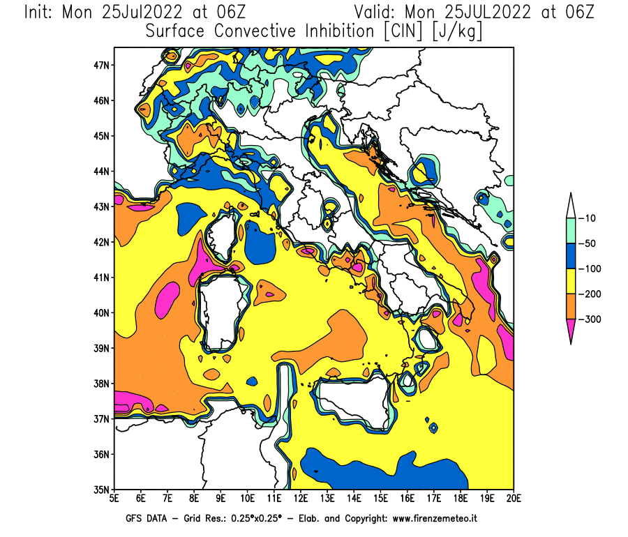 Mappa di analisi GFS - CIN [J/kg] in Italia
							del 25/07/2022 06 <!--googleoff: index-->UTC<!--googleon: index-->