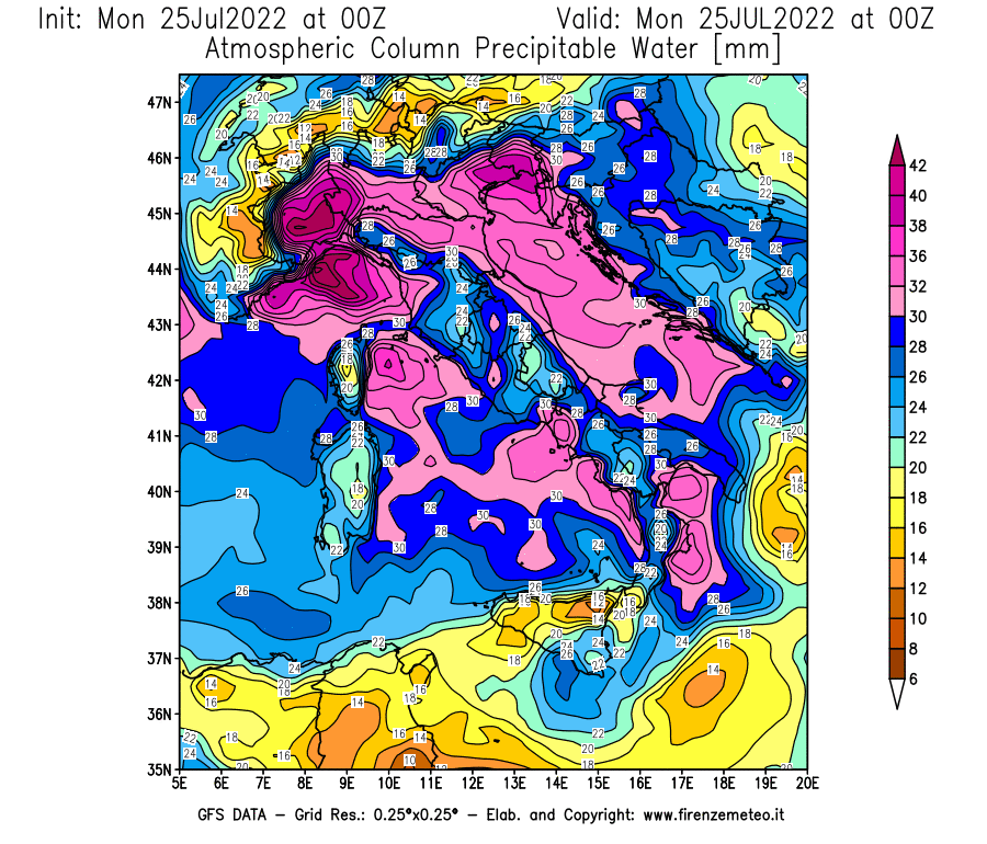 Mappa di analisi GFS - Precipitable Water [mm] in Italia
							del 25/07/2022 00 <!--googleoff: index-->UTC<!--googleon: index-->